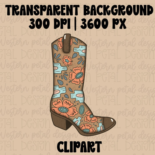 Hand drawn floral cowboy boot clipart with turquoise western details and peach flowers in trendy western boutique style.