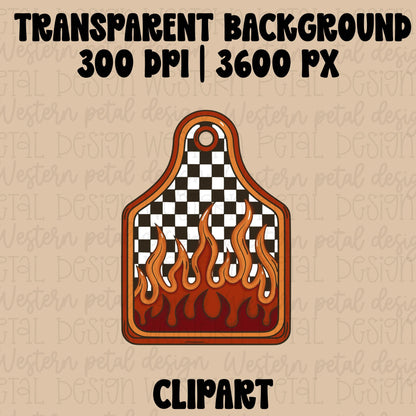 Hand drawn western cow tag clipart with black and white checkered pattern and orange retro flames on a livestock ear tag shape.