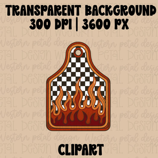 Hand drawn western cow tag clipart with black and white checkered pattern and orange retro flames on a livestock ear tag shape.