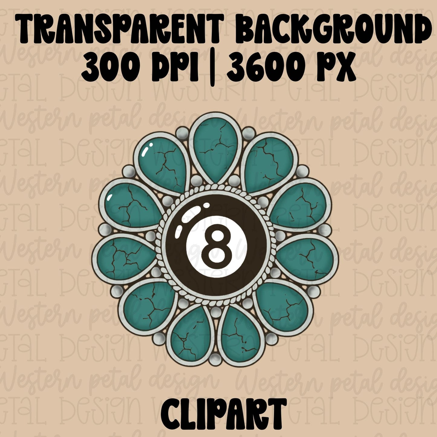 Hand drawn western concho clipart featuring turquoise stones surrounding a retro black 8 ball in silver western jewelry style.