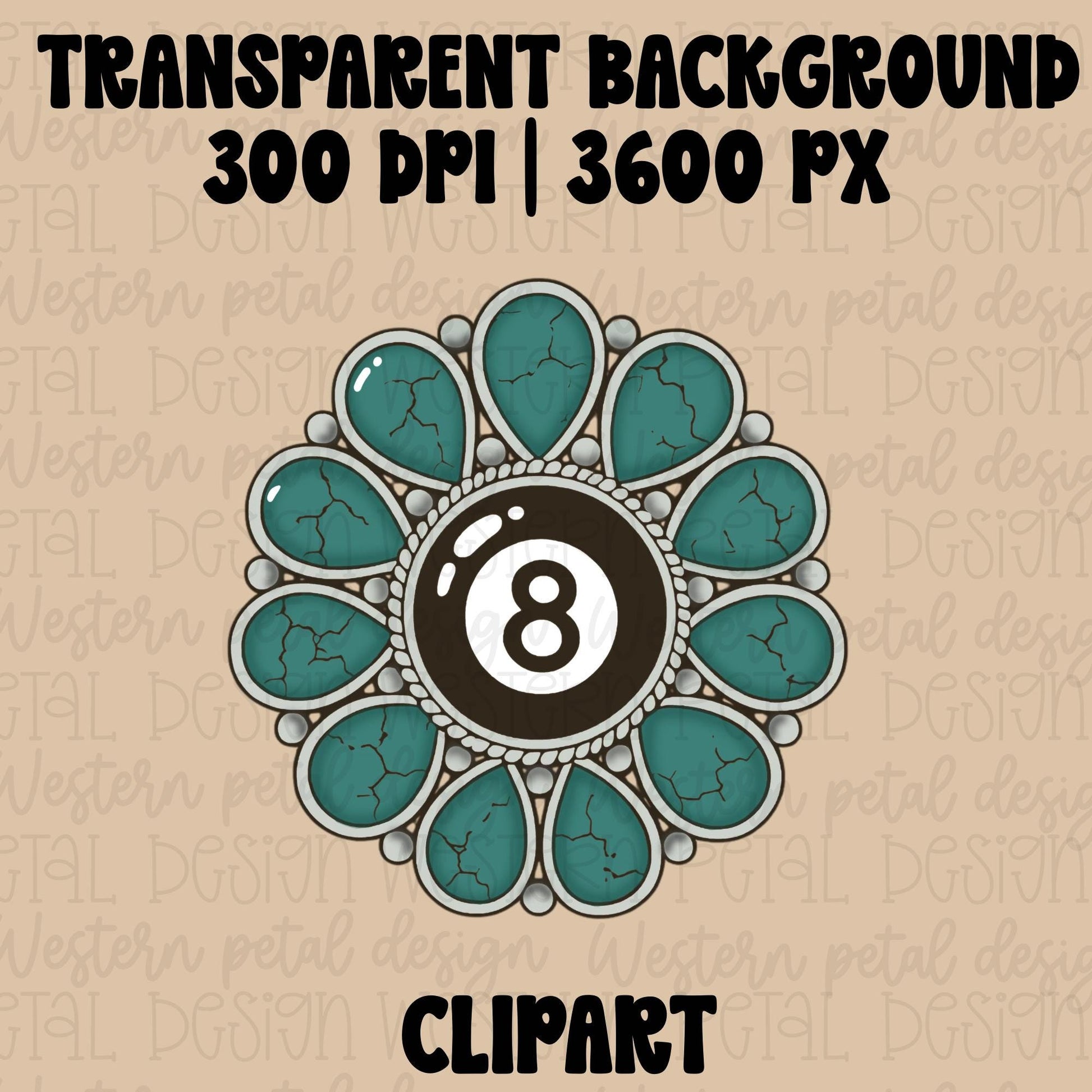 Hand drawn western concho clipart featuring turquoise stones surrounding a retro black 8 ball in silver western jewelry style.