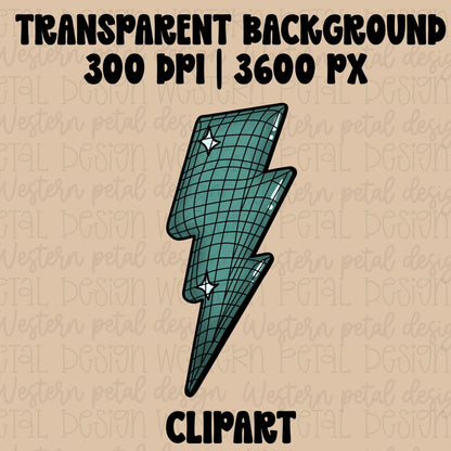 Hand drawn teal lightning bolt clipart with retro warped grid lines and sparkle accents in a trendy Y2K style.