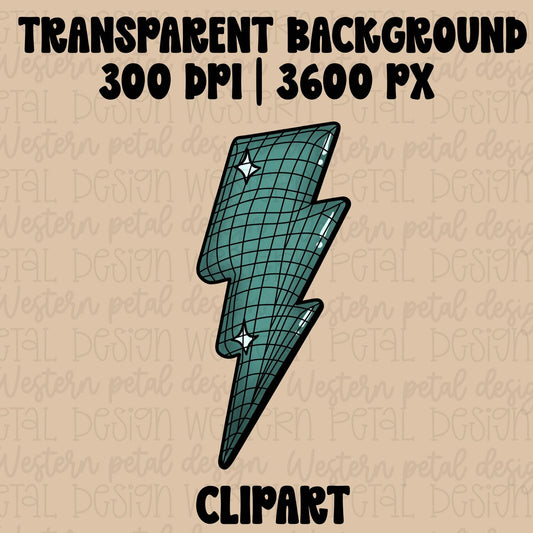 Hand drawn teal lightning bolt clipart with retro warped grid lines and sparkle accents in a trendy Y2K style.