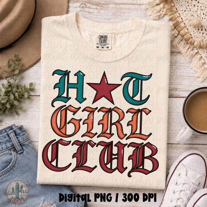 Cream Comfort Colors style shirt mockup featuring colorful gothic “Hot Girl Club” western typography with a red star accent in trendy retro cowgirl aesthetic.