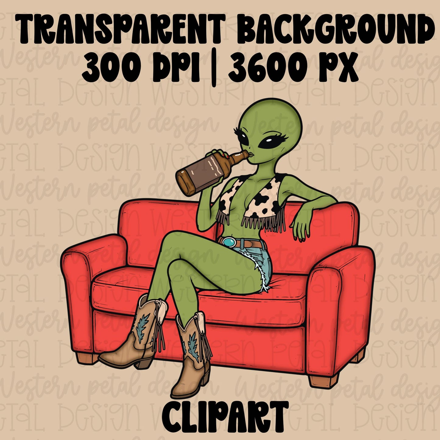 Green alien cowgirl sitting on a red couch drinking from a bottle while wearing cowboy boots, fringe cow print top, and denim shorts in a retro western cartoon style.