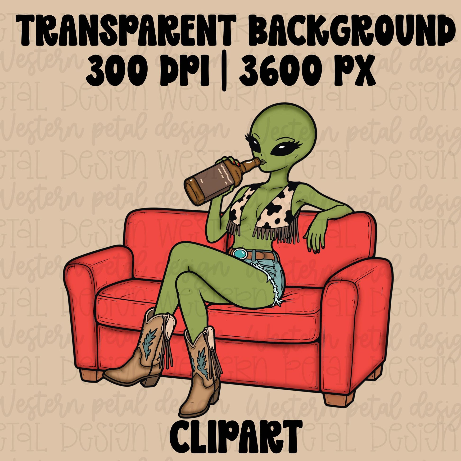 Green alien cowgirl sitting on a red couch drinking from a bottle while wearing cowboy boots, fringe cow print top, and denim shorts in a retro western cartoon style.