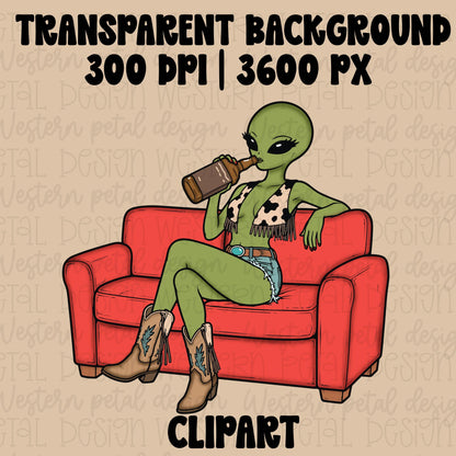 Green alien cowgirl sitting on a red couch drinking from a bottle while wearing cowboy boots, fringe cow print top, and denim shorts in a retro western cartoon style.