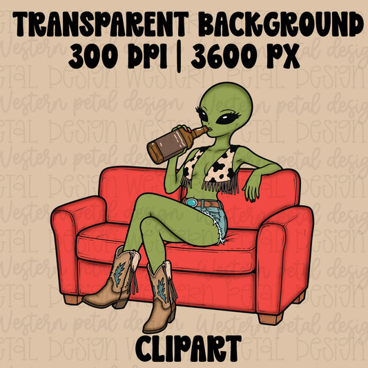 Green alien cowgirl sitting on a red couch drinking from a bottle while wearing cowboy boots, fringe cow print top, and denim shorts in a retro western cartoon style.
