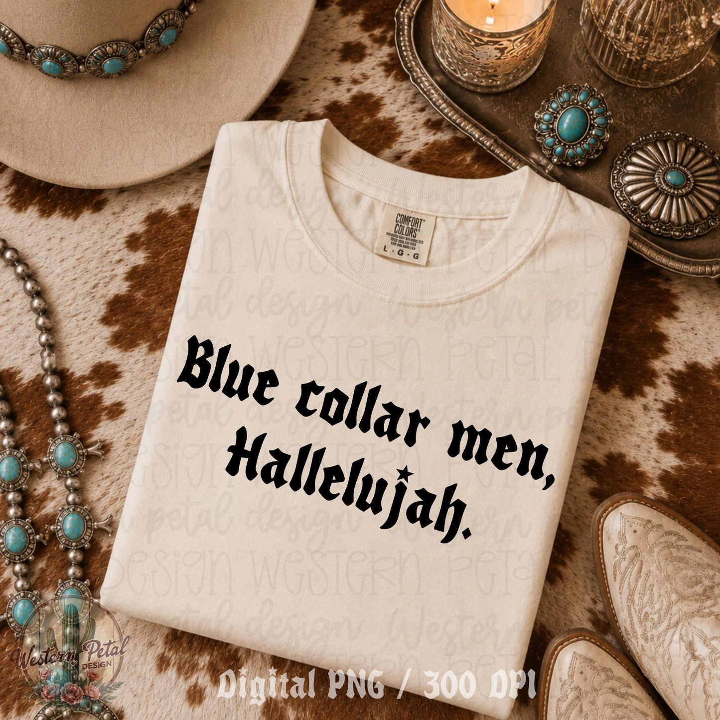 Blue Collar Men Hallelujah PNG design shown on black and ivory Comfort Colors shirt mockups with western style typography.