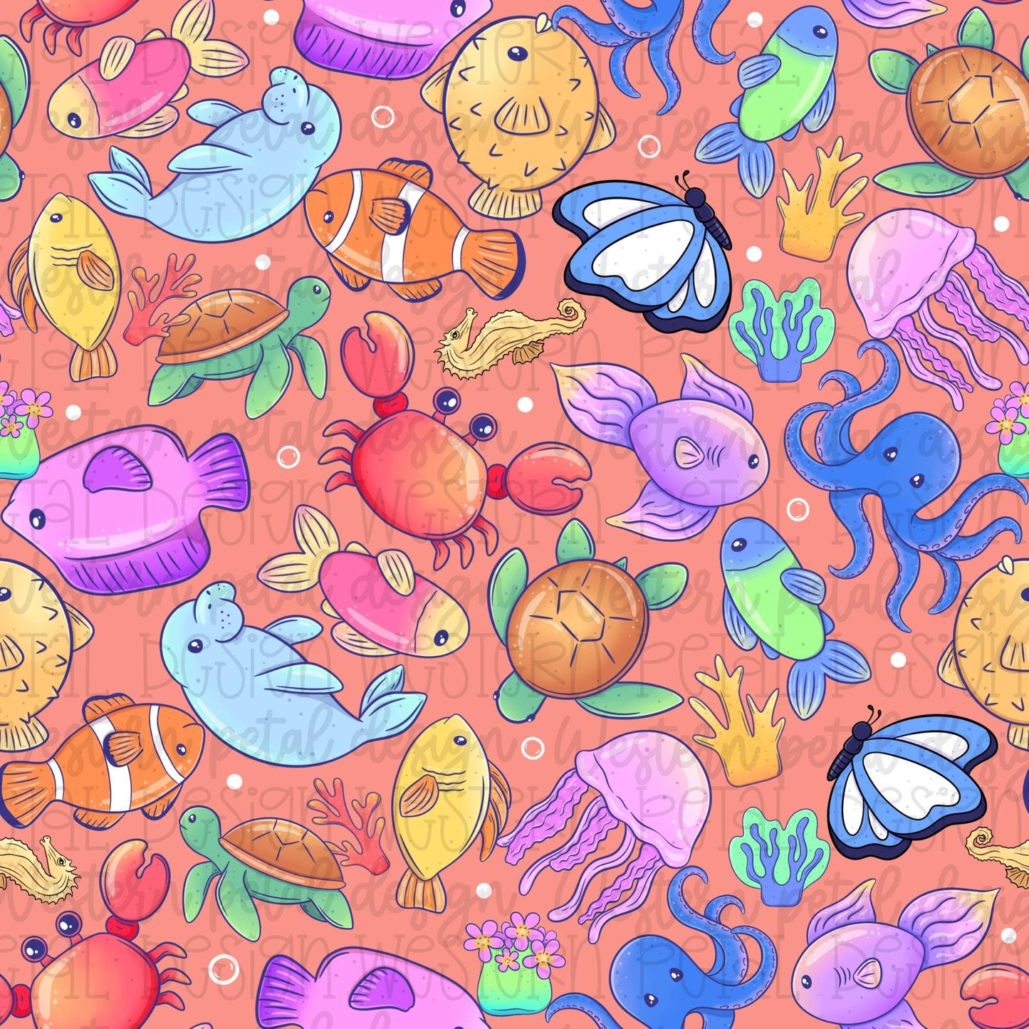 Cute ocean animals seamless pattern featuring colorful fish, turtles, dolphins, octopus, jellyfish, coral, and sea creatures on a coral pink background.