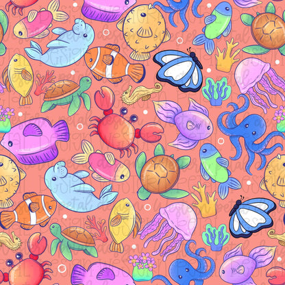 Cute ocean animals seamless pattern featuring colorful fish, turtles, dolphins, octopus, jellyfish, coral, and sea creatures on a coral pink background.