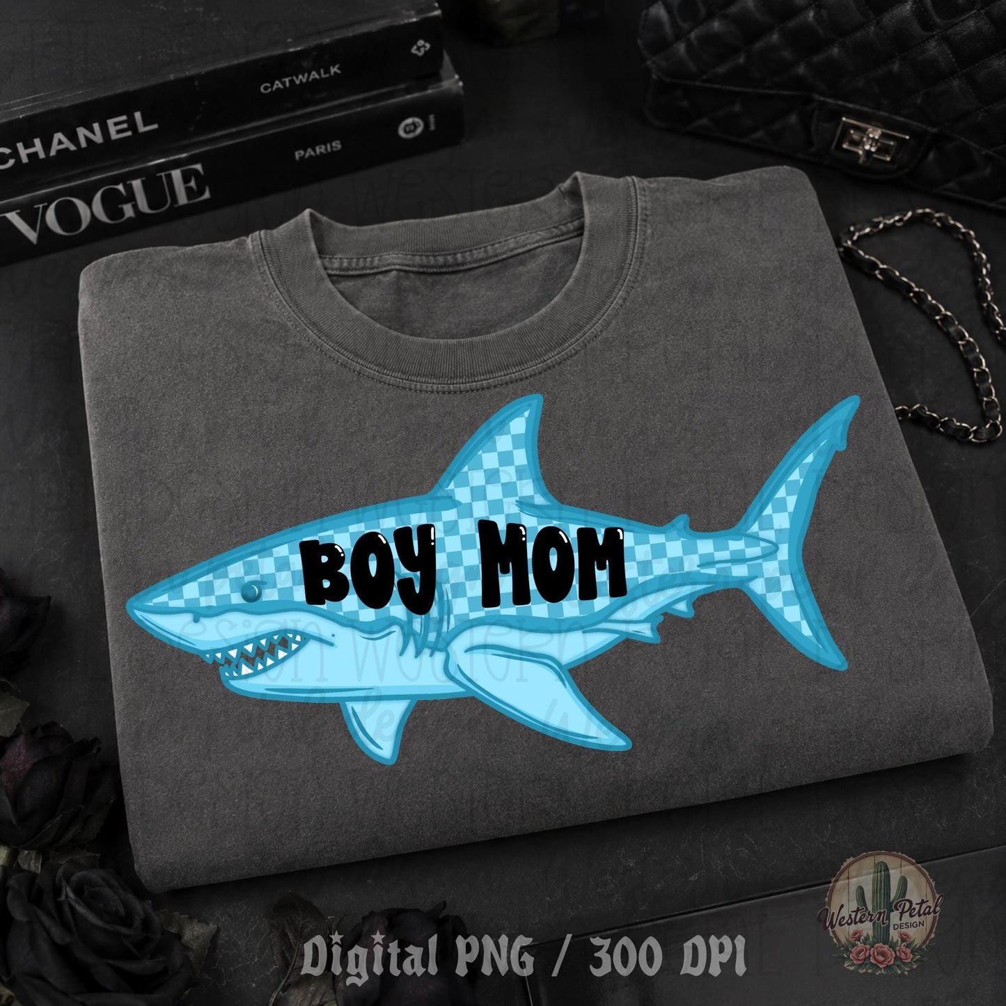 Blue shark PNG with checkered pattern and bold Boy Mom lettering, trendy summer sublimation design for shirts and crafts.