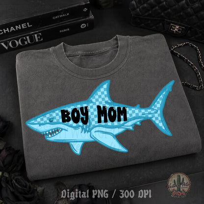 Blue shark PNG with checkered pattern and bold Boy Mom lettering, trendy summer sublimation design for shirts and crafts.
