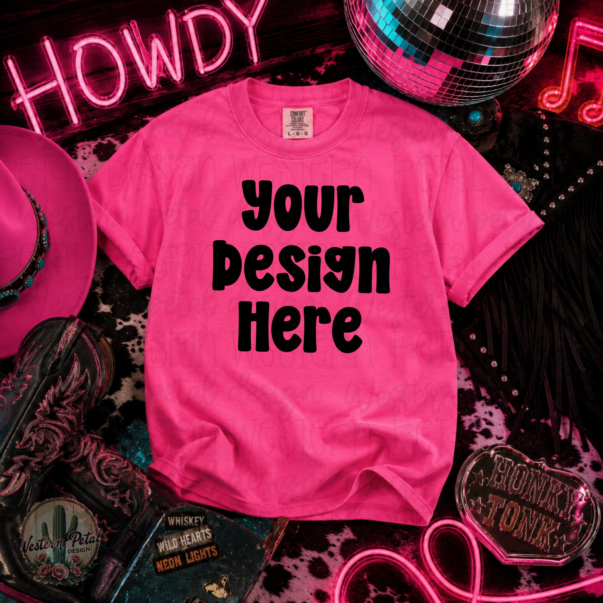 Comfort Colors Neon Pink t-shirt mockup surrounded by western boots, pink cowboy hat, disco ball, neon honky tonk signs, and fringe purse.