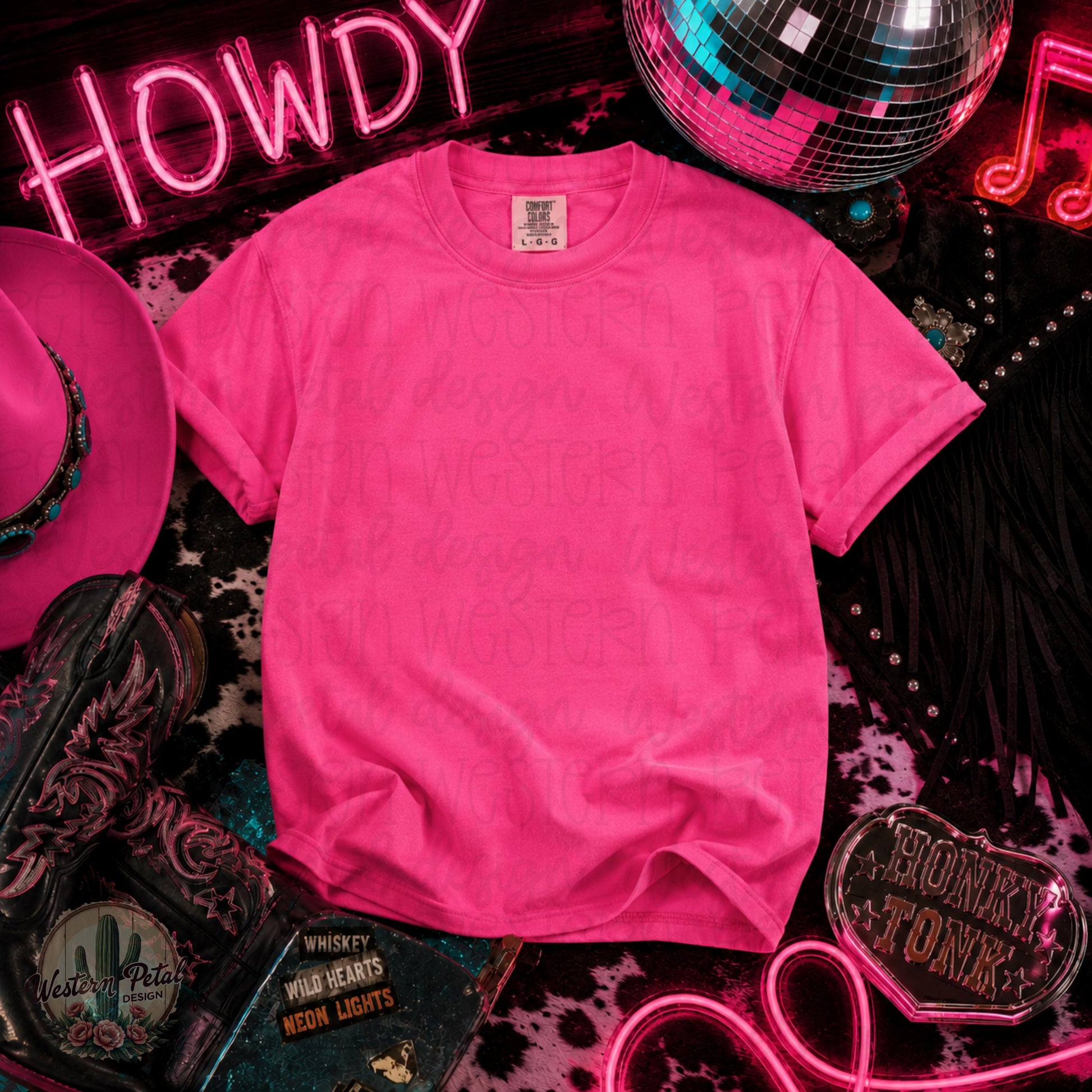 Neon Pink Comfort Colors Mockup | Western Disco Cowgirl Mockup | Honky Tonk Shirt Mockup | Retro Country Concert Mockup | CC1717 Neon Pink