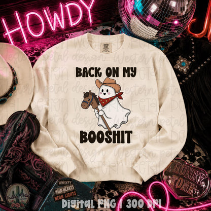 Cute western ghost riding hobby horse with cowboy hat and red bandana, funny back on my booshit PNG design for western Halloween apparel.