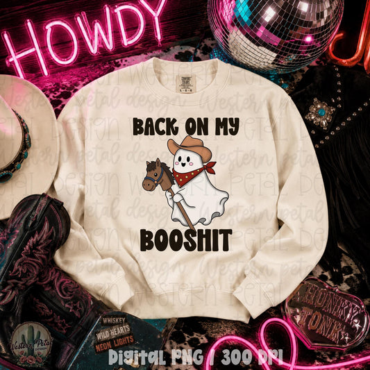 Cute western ghost riding hobby horse with cowboy hat and red bandana, funny back on my booshit PNG design for western Halloween apparel.