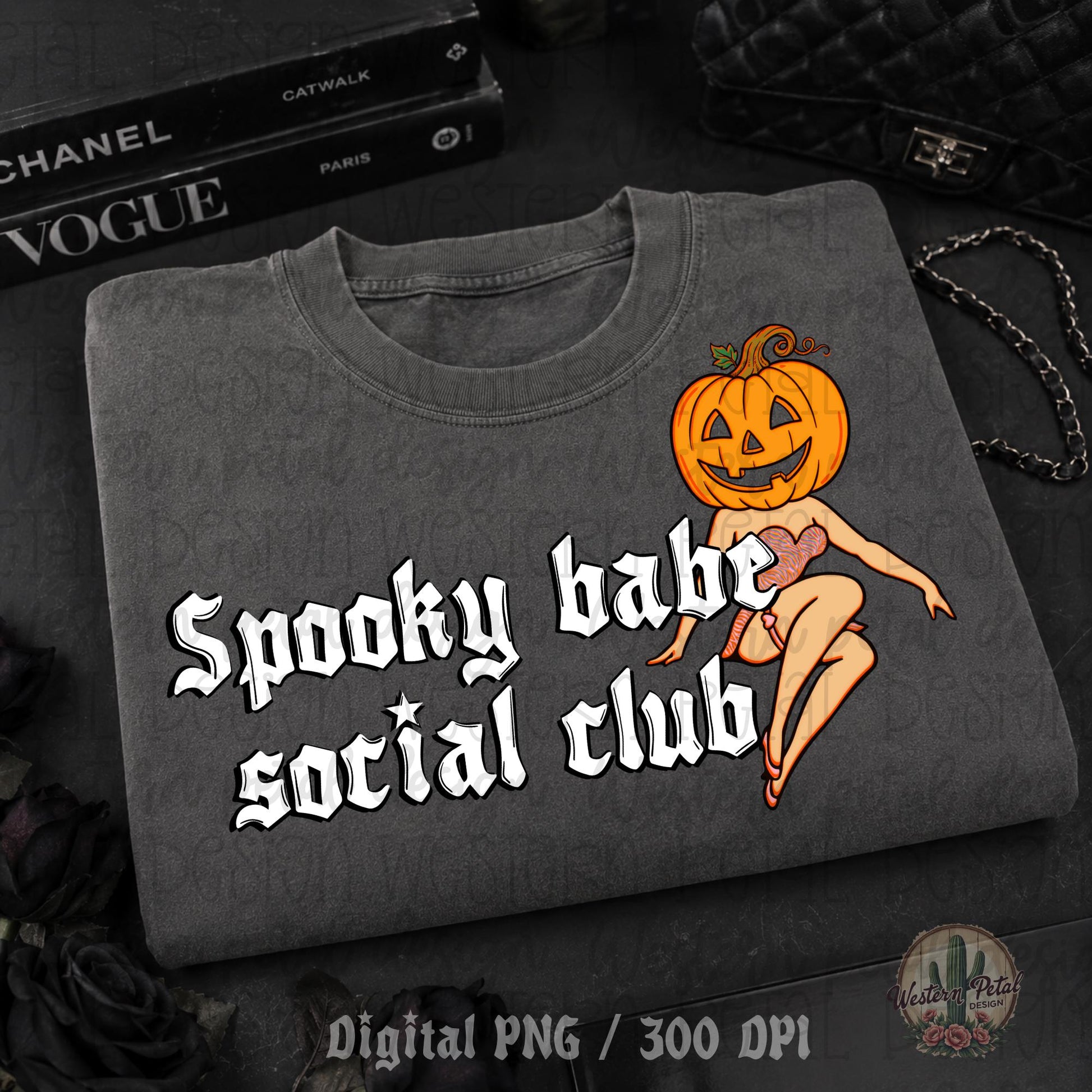Spooky Babe Social Club PNG featuring a pumpkin-headed pinup girl in orange bodysuit with gothic lettering, Halloween sublimation design on dark shirt mockup.