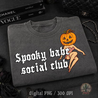 Spooky Babe Social Club PNG featuring a pumpkin-headed pinup girl in orange bodysuit with gothic lettering, Halloween sublimation design on dark shirt mockup.