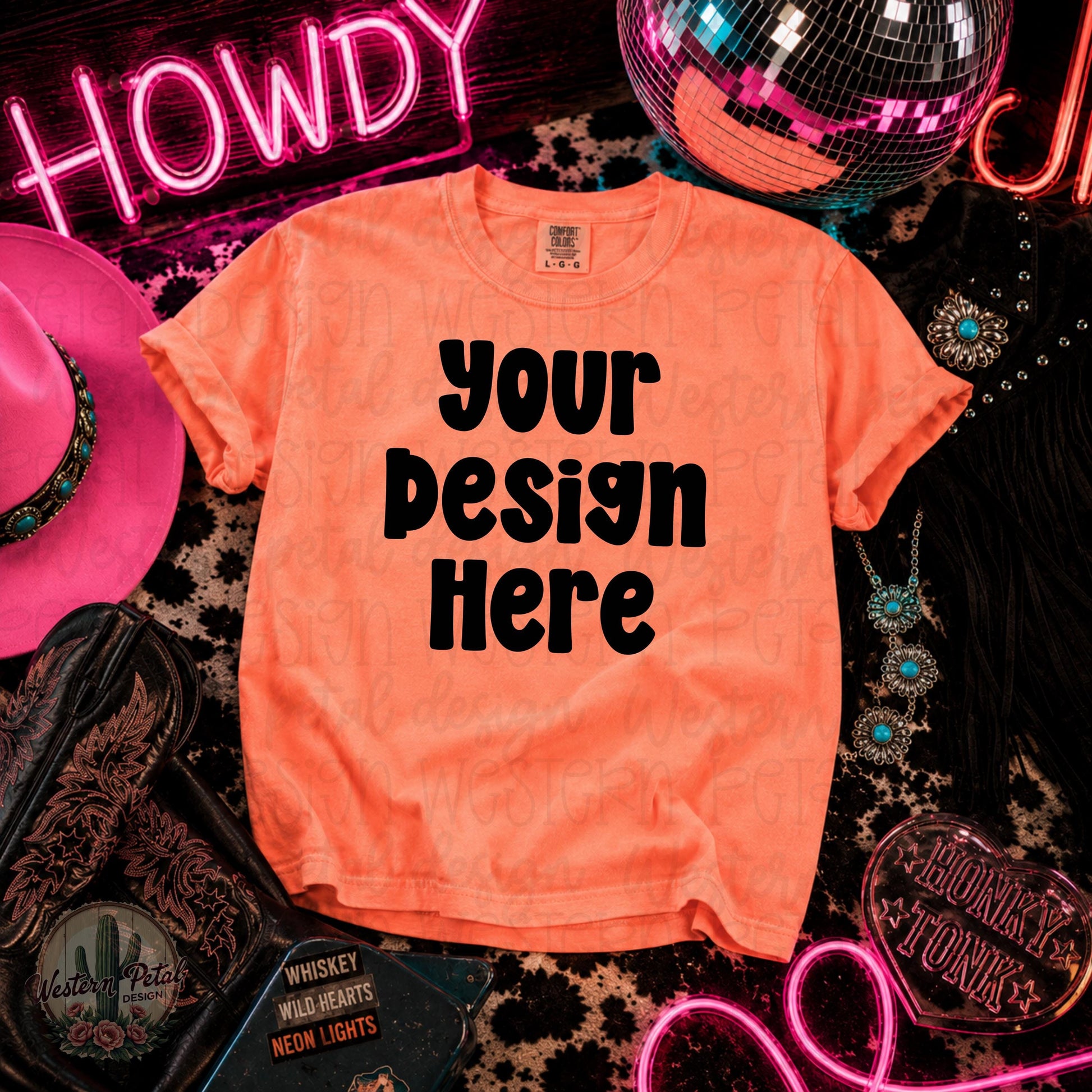 Neon Cantaloupe Comfort Colors Mockup | Western Disco Cowgirl Mockup | Honky Tonk Shirt Mockup | Country Concert Mockup | CC1717 orange