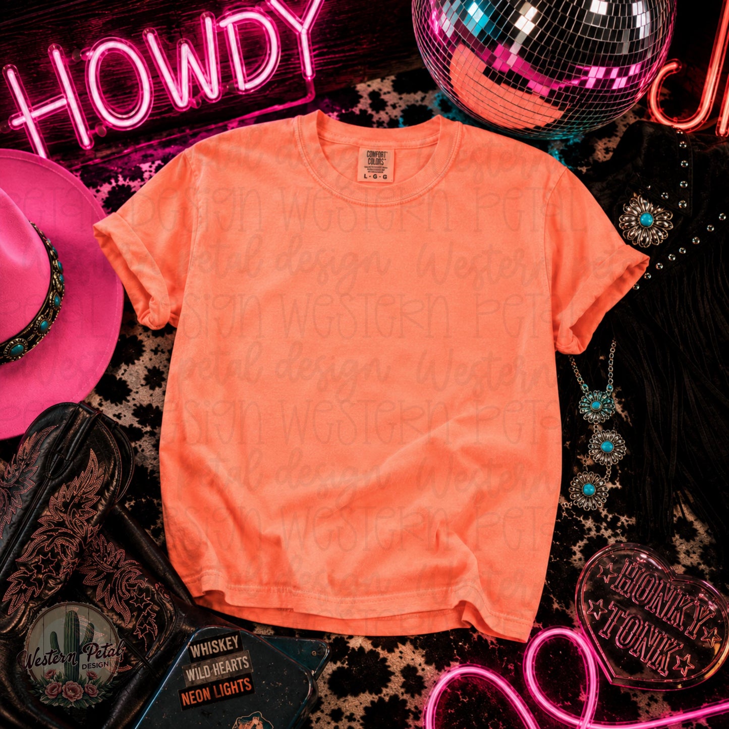 Neon Cantaloupe Comfort Colors Mockup | Western Disco Cowgirl Mockup | Honky Tonk Shirt Mockup | Country Concert Mockup | CC1717 orange
