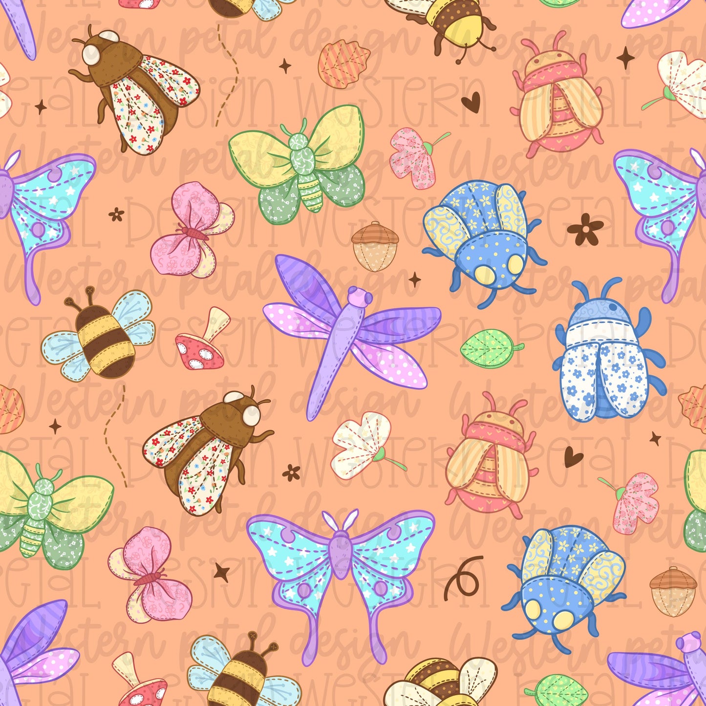 Seamless pattern featuring colorful butterflies, dragonflies, bees, beetles, moths, mushrooms, acorns, and leaves on a peach background in a whimsical cottagecore style.