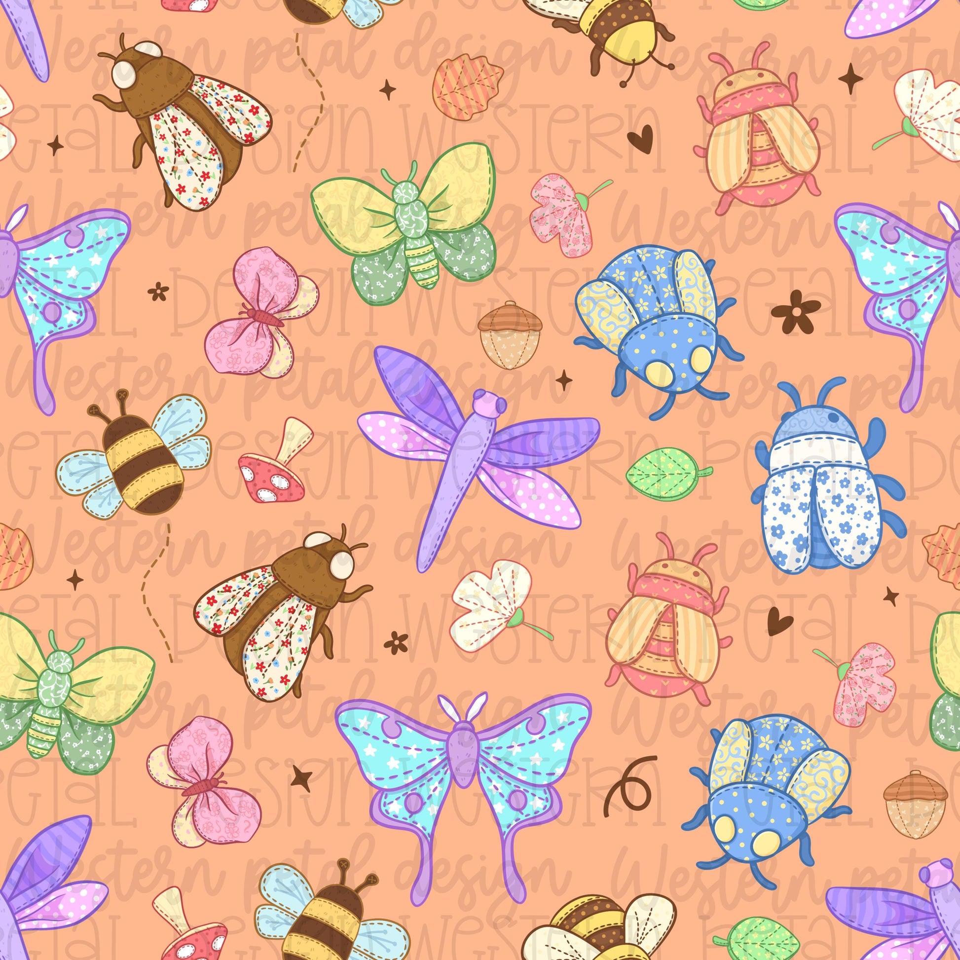 Seamless pattern featuring colorful butterflies, dragonflies, bees, beetles, moths, mushrooms, acorns, and leaves on a peach background in a whimsical cottagecore style.