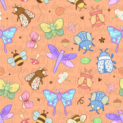 Seamless pattern featuring colorful butterflies, dragonflies, bees, beetles, moths, mushrooms, acorns, and leaves on a peach background in a whimsical cottagecore style.