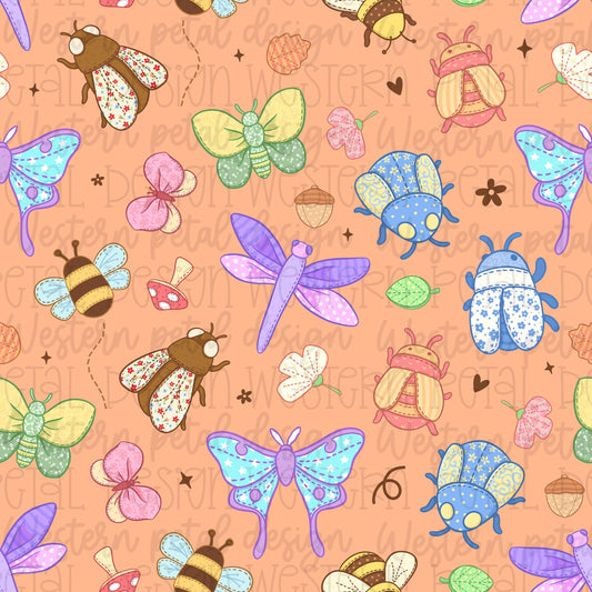 Seamless pattern featuring colorful butterflies, dragonflies, bees, beetles, moths, mushrooms, acorns, and leaves on a peach background in a whimsical cottagecore style.