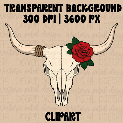 Western cow skull clipart featuring a longhorn skull with a red rose and green leaves, perfect for western shirts, tumblers, decals, and sublimation projects.