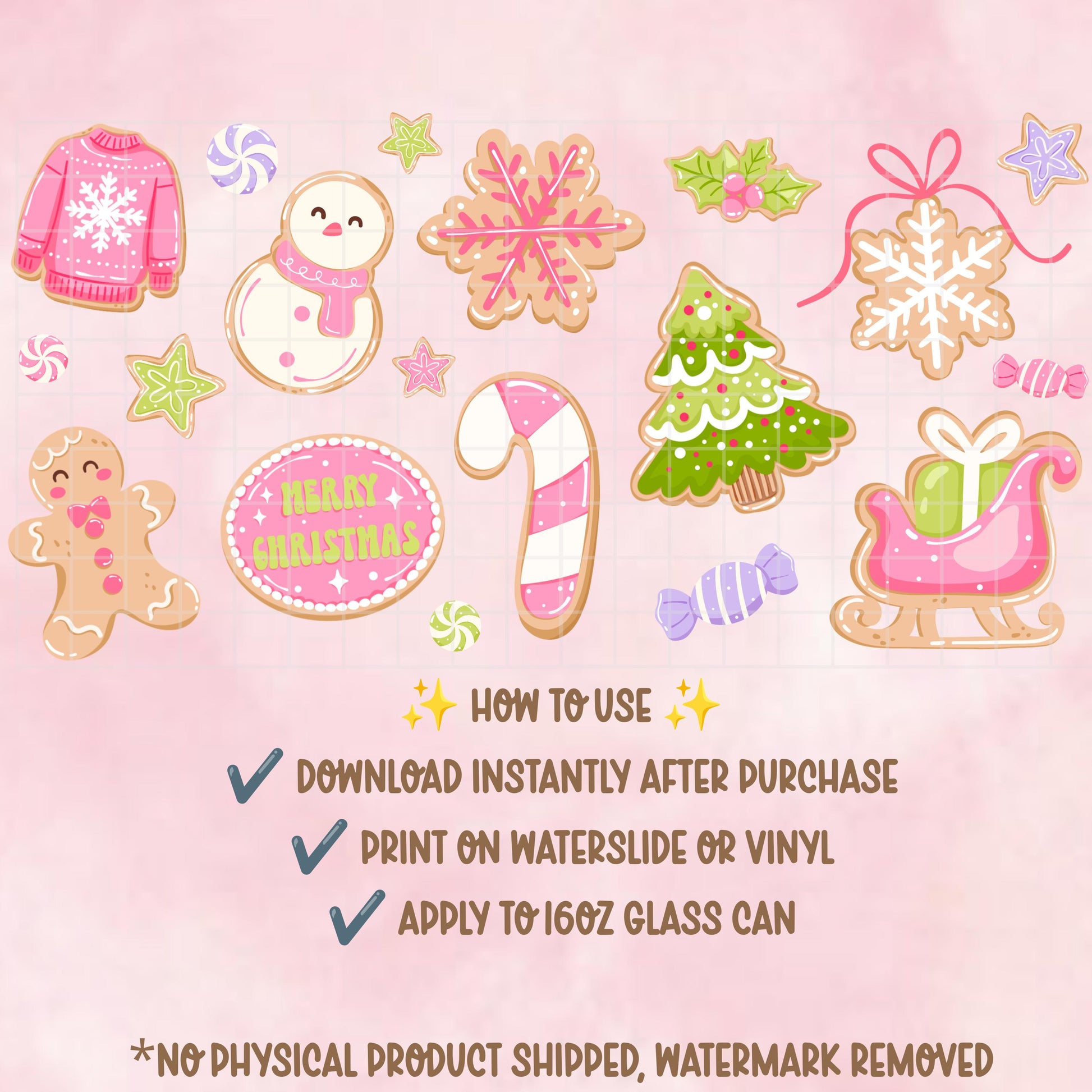 Pink Christmas Glass Can Wrap PNG | 16 oz Libbey Wrap | Coquette Christmas Cup Wrap | Gingerbread Cookie Wrap | Holiday Glass Can