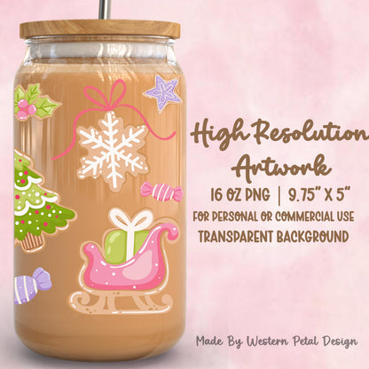 Pink Christmas Glass Can Wrap PNG | 16 oz Libbey Wrap | Coquette Christmas Cup Wrap | Gingerbread Cookie Wrap | Holiday Glass Can