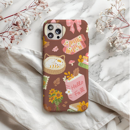 Cozy Fall Seamless Pattern PNG | Autumn Books, Sleeping Cat, Pink Pumpkins, Sunflowers, Bows & Floral Socks Digital Paper