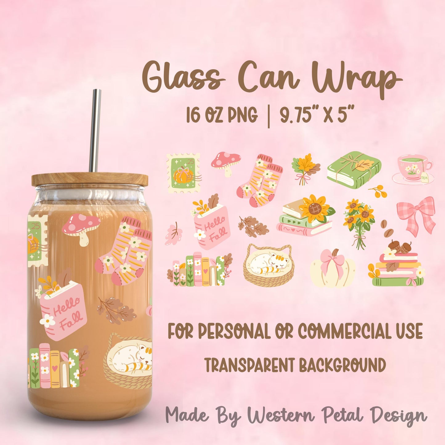 Cozy fall 16 oz glass can wrap featuring sleeping cats, stacked books, pink pumpkins, floral socks, sunflowers, mushrooms, bows, coffee beans, and Hello Fall accents on a transparent background.