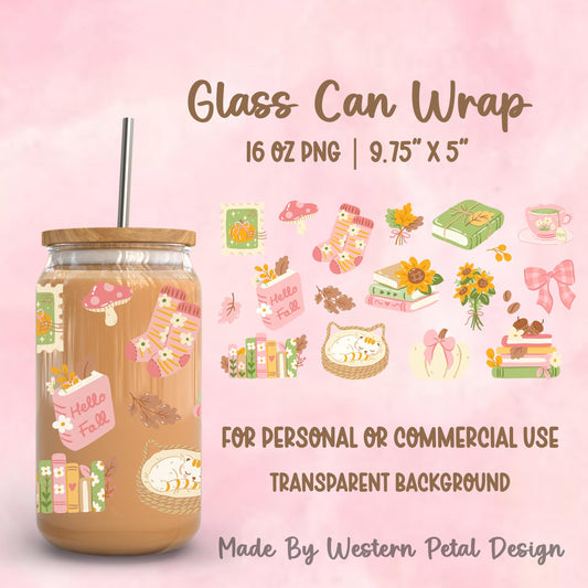 Cozy fall 16 oz glass can wrap featuring sleeping cats, stacked books, pink pumpkins, floral socks, sunflowers, mushrooms, bows, coffee beans, and Hello Fall accents on a transparent background.