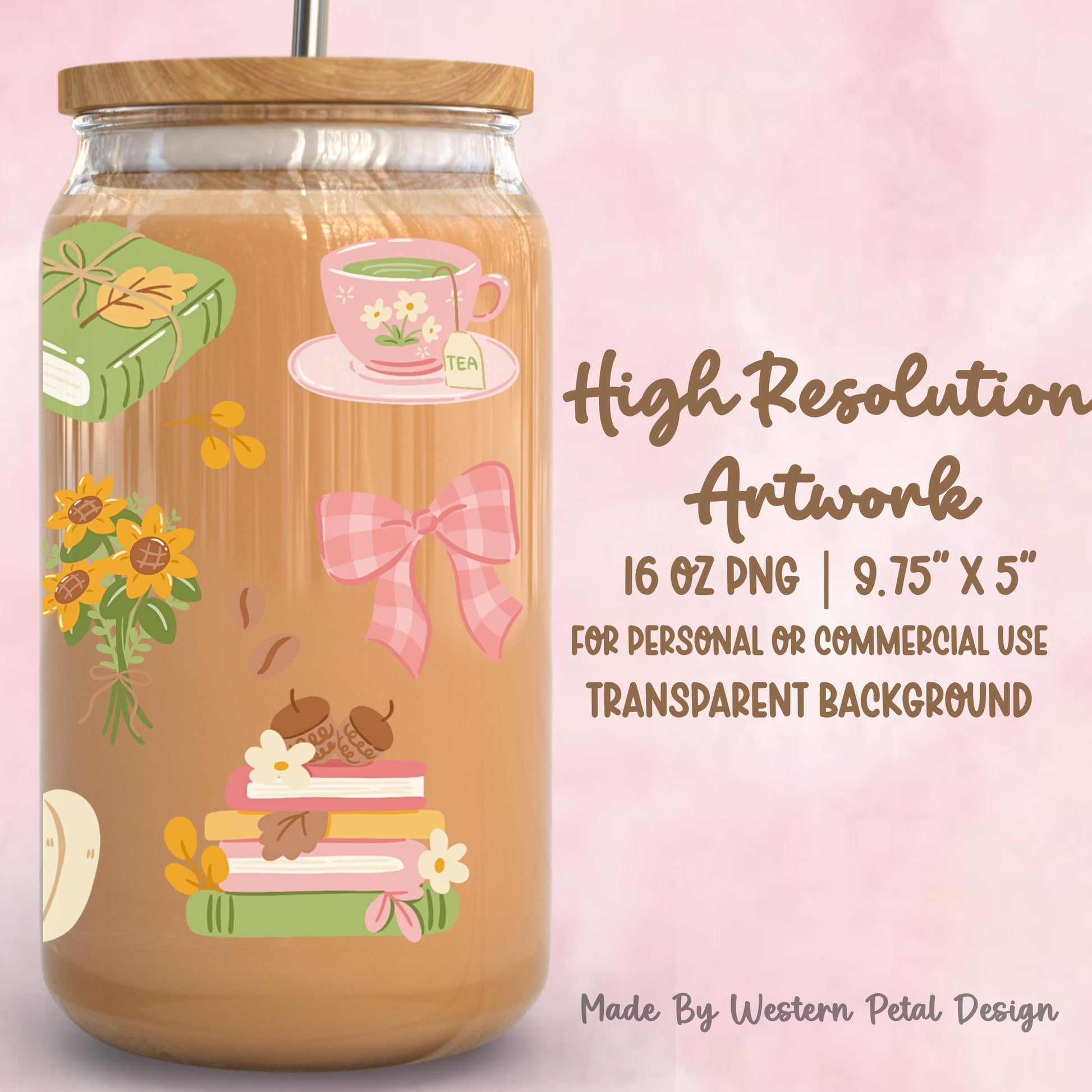 Cozy Fall Glass Can Wrap PNG | Autumn Cat, Books, Pink Pumpkin, Sunflowers & Hello Fall 16 oz Libbey Cup Wrap Digital Download