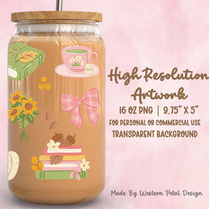 Cozy Fall Glass Can Wrap PNG | Autumn Cat, Books, Pink Pumpkin, Sunflowers & Hello Fall 16 oz Libbey Cup Wrap Digital Download