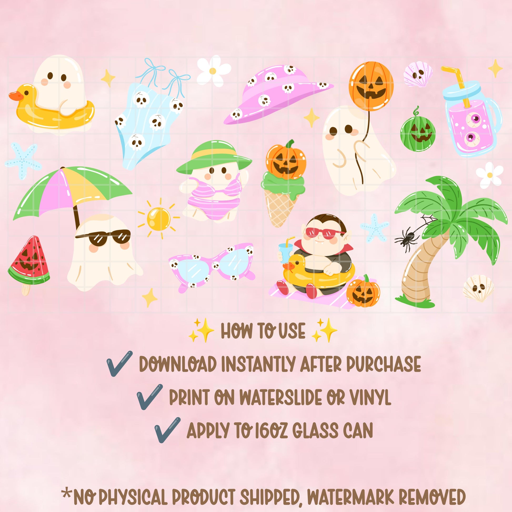 Summerween Ghost Glass Can Wrap PNG | 16 oz Libbey Wrap | Cute Halloween Summer Tumbler Sublimation Design | Ghost Beach Cup Wrap