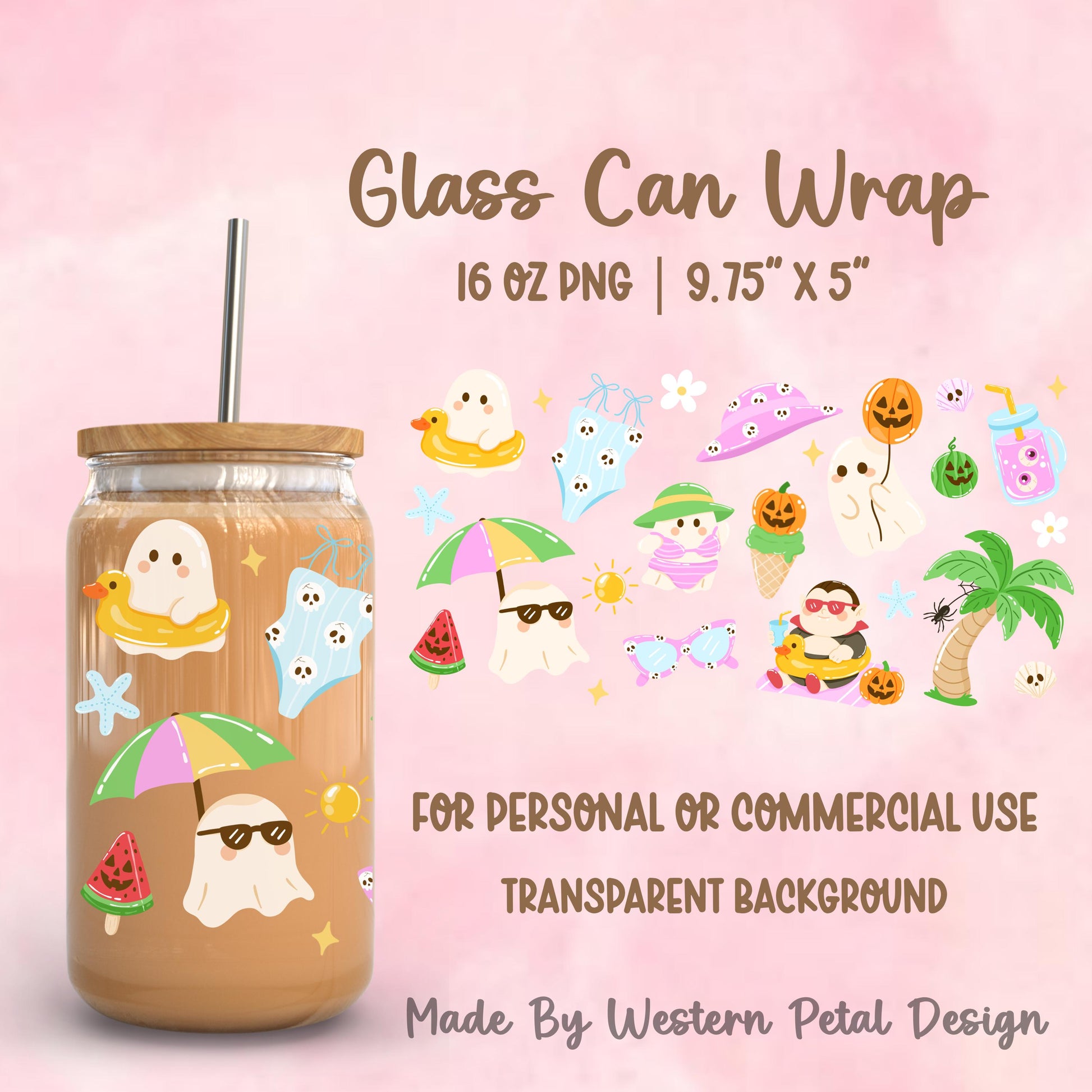 Cute Summerween ghost glass can wrap PNG featuring beach ghosts, pumpkins, tropical palm tree, sunglasses, swimsuit, and pastel Halloween artwork for 16 oz Libbey glass cans.