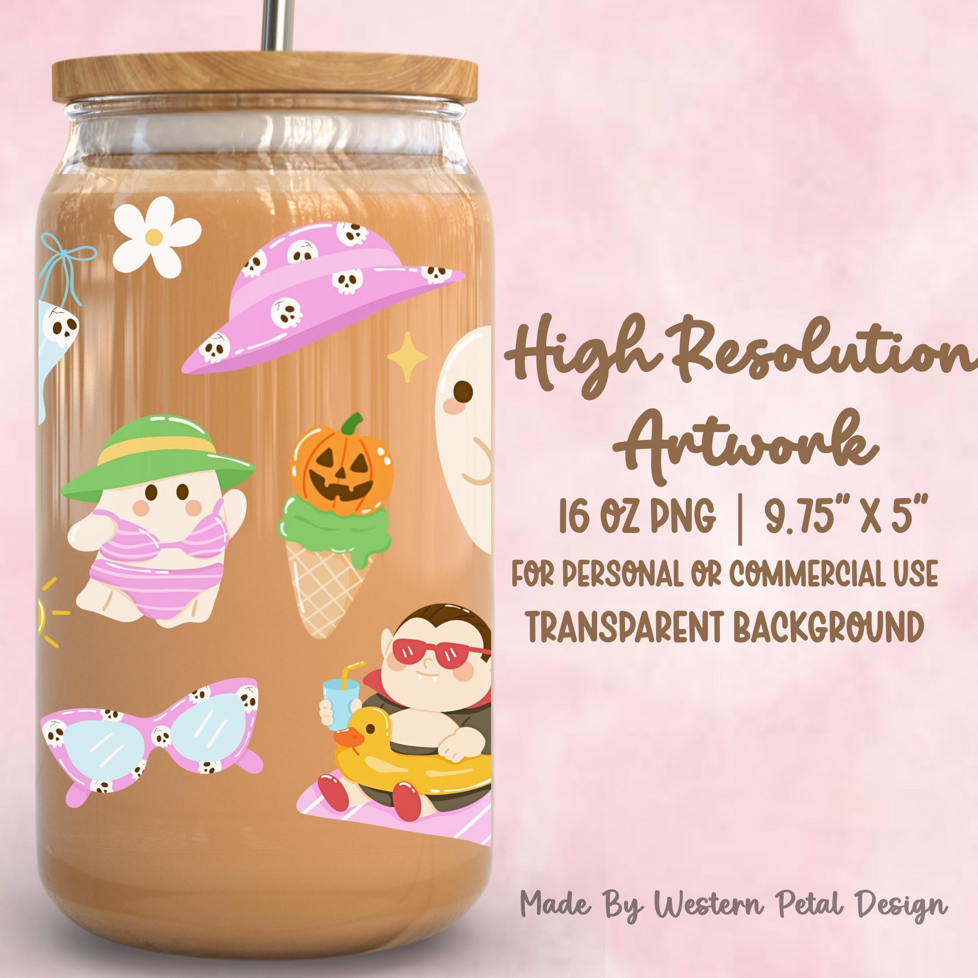 Summerween Ghost Glass Can Wrap PNG | 16 oz Libbey Wrap | Cute Halloween Summer Tumbler Sublimation Design | Ghost Beach Cup Wrap