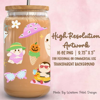 Summerween Ghost Glass Can Wrap PNG | 16 oz Libbey Wrap | Cute Halloween Summer Tumbler Sublimation Design | Ghost Beach Cup Wrap