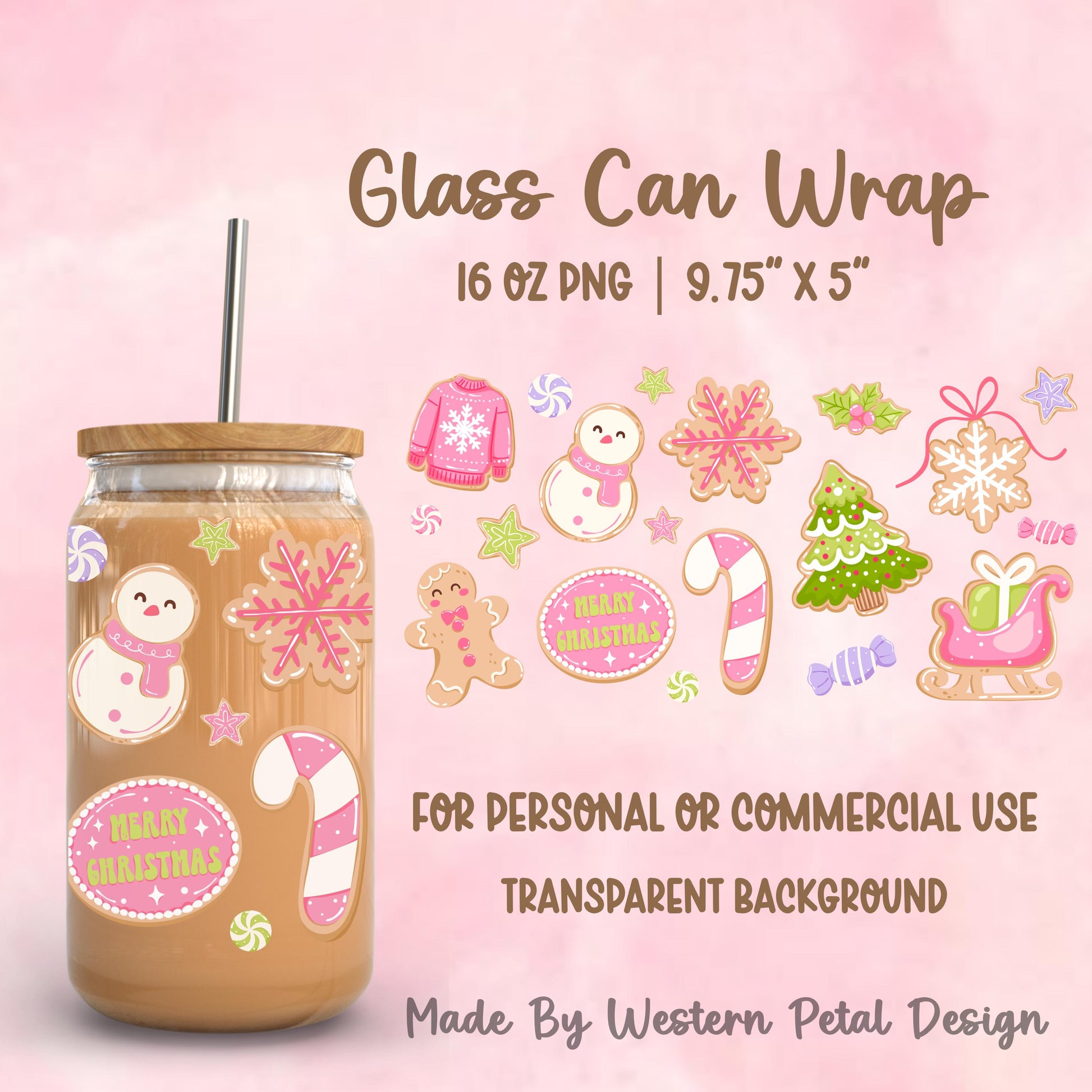 16 oz pink Christmas glass can wrap PNG featuring gingerbread cookies, snowman, candy cane, Christmas tree, sleigh, sweater, holiday candies, and festive cookie decorations.