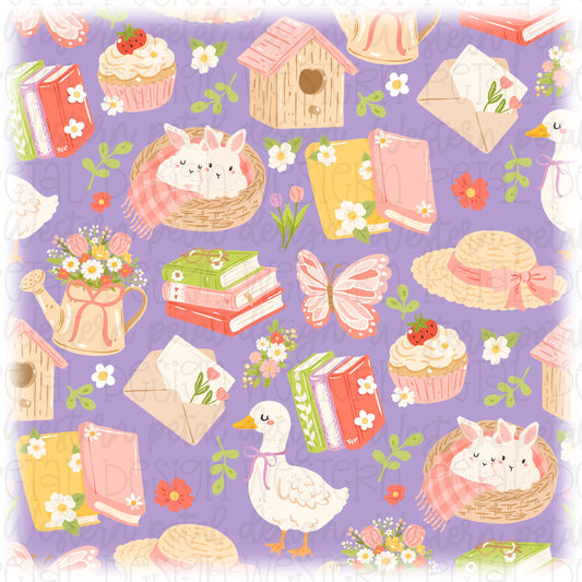 Spring Cottagecore Seamless Pattern | Bunny & Goose Digital Paper | Floral Bookish Seamless PNG | Vintage Spring Pattern | 12x12 Digital