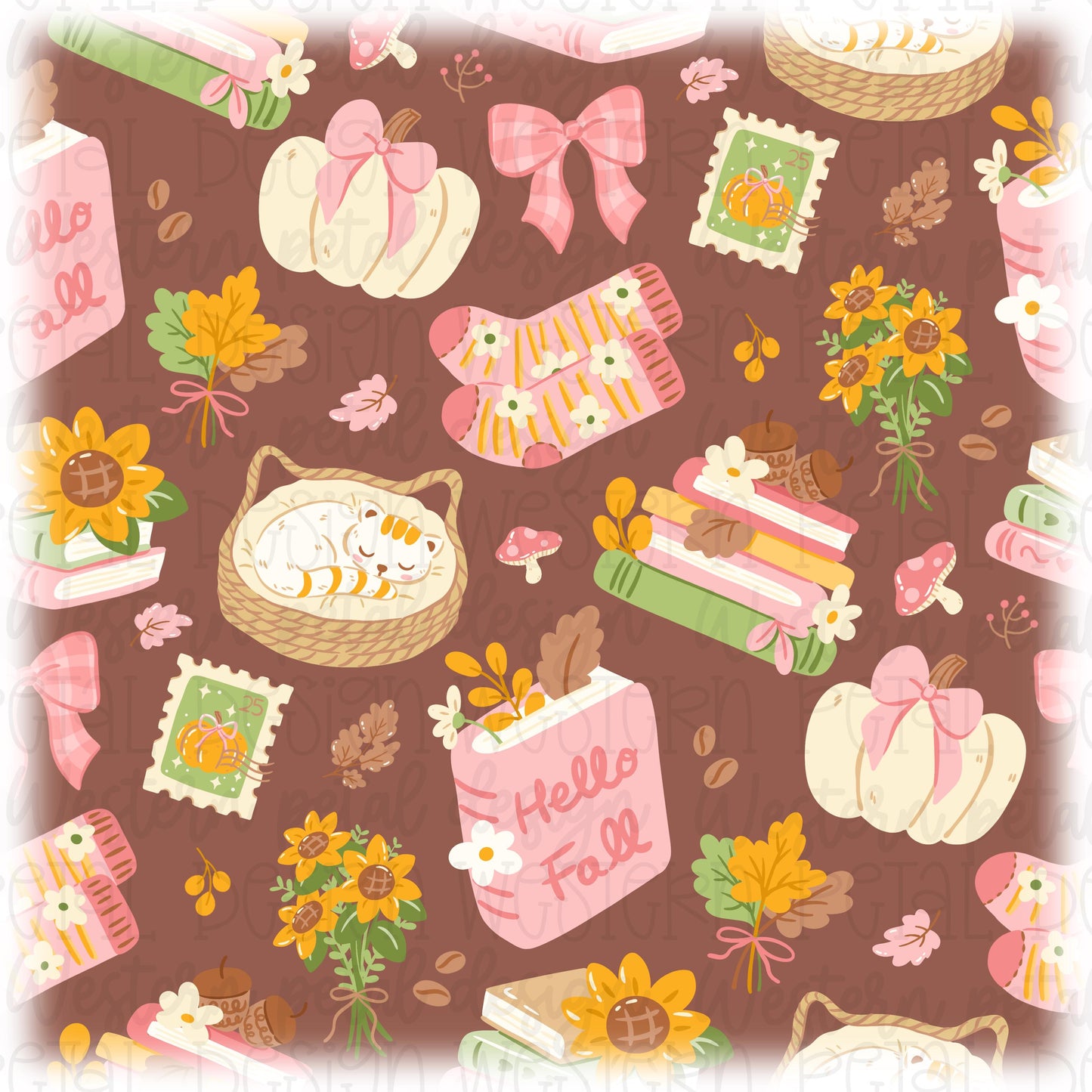Cozy fall 16 oz glass can wrap featuring sleeping cats, stacked books, pink pumpkins, floral socks, sunflowers, mushrooms, bows, coffee beans, and Hello Fall accents on a transparent background.