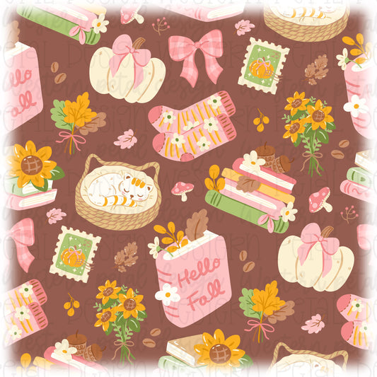 Cozy fall 16 oz glass can wrap featuring sleeping cats, stacked books, pink pumpkins, floral socks, sunflowers, mushrooms, bows, coffee beans, and Hello Fall accents on a transparent background.