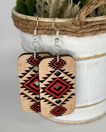 Western style orange aztec tribal earrings handpainted