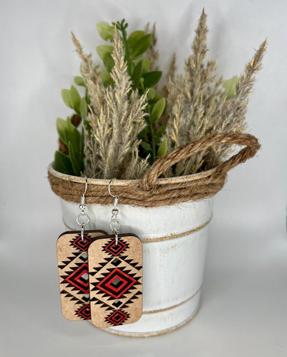 Western style orange aztec tribal earrings handpainted