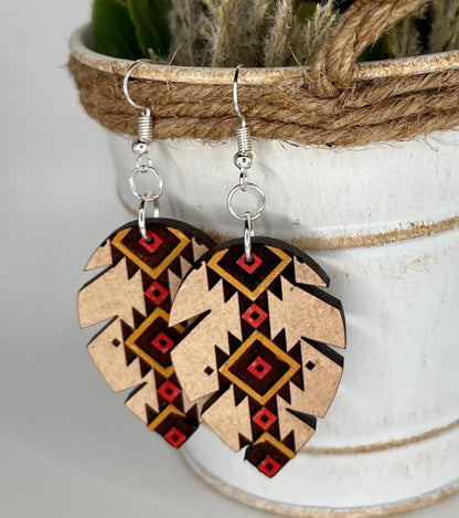 Western style tribal feather earrings orange and yellow handpainted