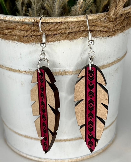 Western style pink feather bar aztec earrings handpainted