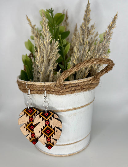 Western style tribal feather earrings orange and yellow handpainted